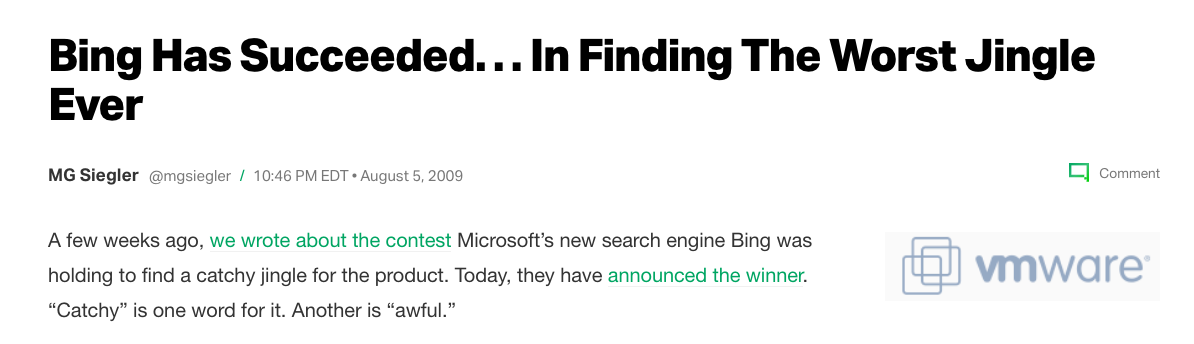 Online article claiming Bing has succeeded.. in finding tthe worst single ever.